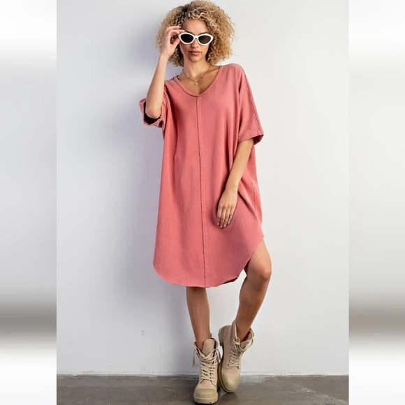New! Easel Coral Mineral Washed Terry Knit Tunic T-shirt Dress - Picture 6 of 6